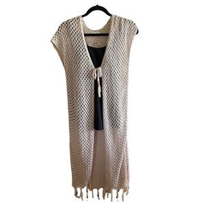 Indigo Thread Co ~ Ivory Crochet Long Sleeveless Cardigan w/ Front Ties~ size XS